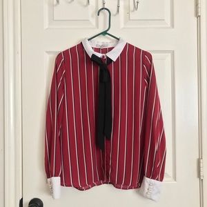 Papaya Striped Bow Tie Neck Long Sleeve Blouse